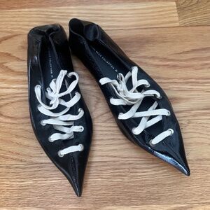 NEW Zara Women's Black Leather Lace up Flat Ballerina Mule Slide Shoes sz 38